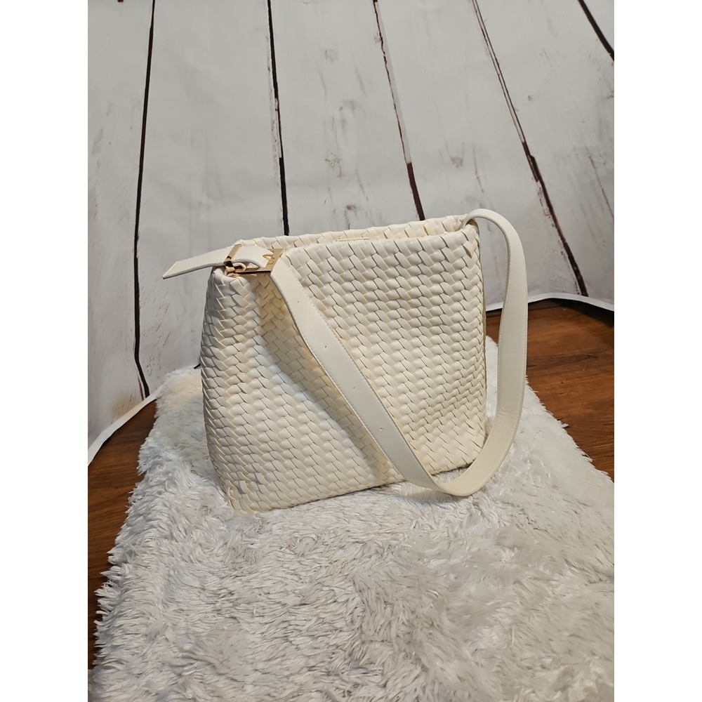 Cream Woven Bucket Bag Shoulder‎ Bag Faux Leather Strap Gold Hardware